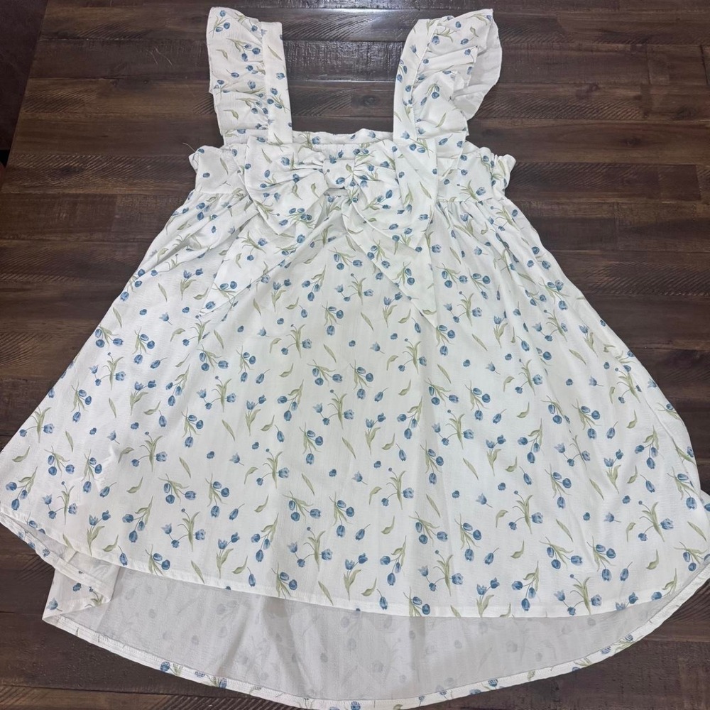 Shein Babydoll Dress Medium White Blue Excellent Floral Bow Ruffle Cottagecore